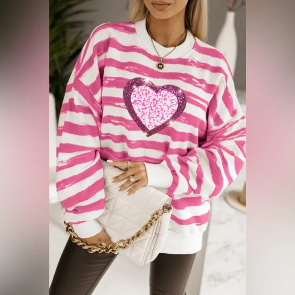 Cerise Heart Sequin Striped Dropped Shoulder Sweatshirt